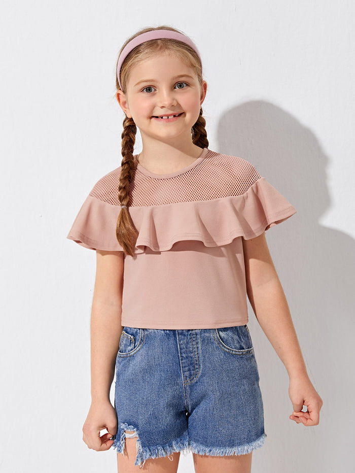 Girls Fishnet Mesh Yoke Ruffle Trim Crop Top Dusty Pink