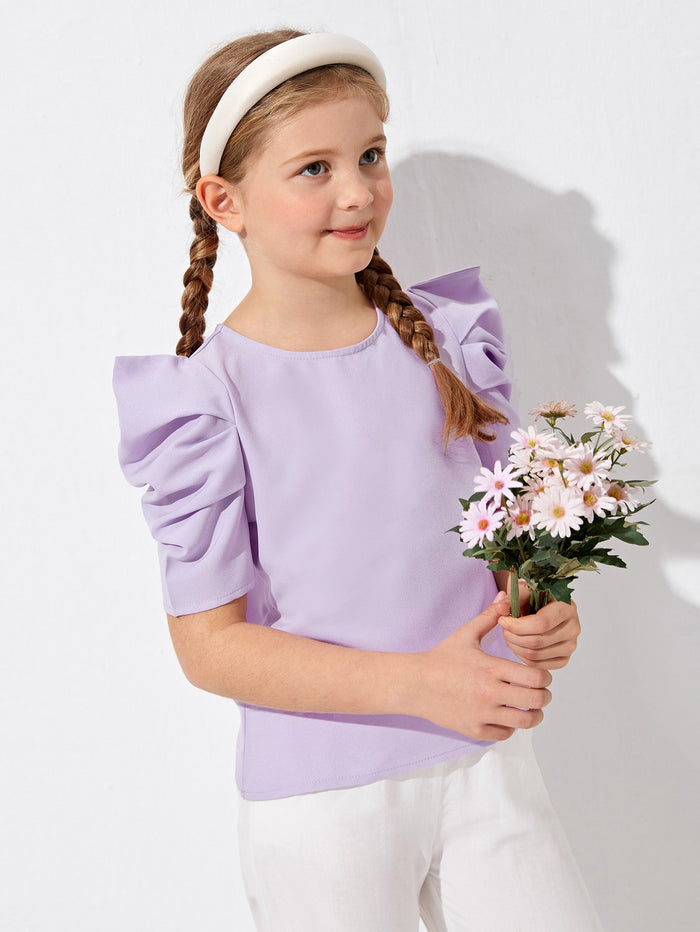 Girls Pleated Puff Sleeve Solid Top Pastel