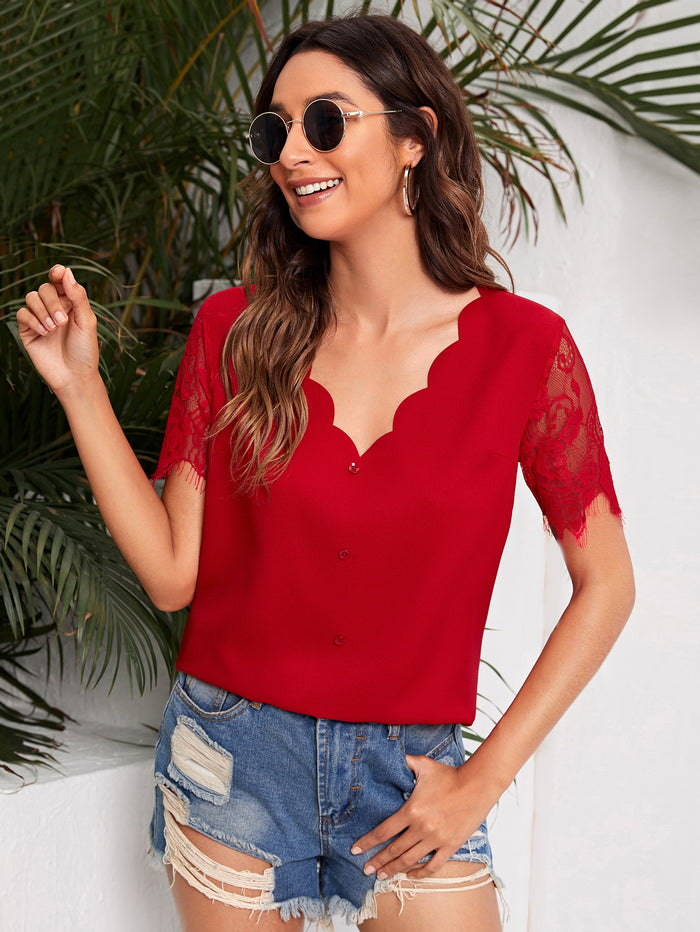 Scallop V-neck Lace Sleeve Top Red