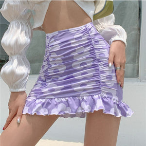 E-Girl Sweet Ruched Ruffles Hem Mini Skirts
