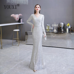 Dark Red Evening Dress Gorgeous Plunging V-Neck Illusion Sequin Pleated Long Sleeve Mermaid Formal Gown Robe De Soiree