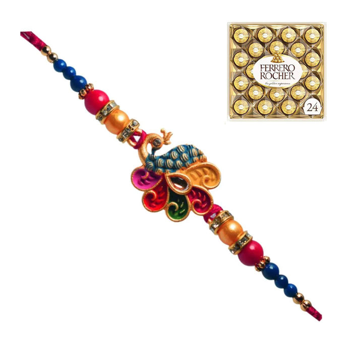 1 Rakhi - Colorful Peacock Rakhi With Ferrero Rocher Chocolate Box