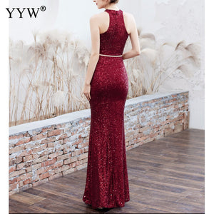 Women Sequined Party Long Dresses Halter Sleeveless Mermaid Evening Dress Ladies Solid Sexy Robes Elegant Formal Gowns