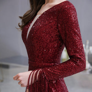 Dark Red Evening Dress Gorgeous Plunging V-Neck Illusion Sequin Pleated Long Sleeve Mermaid Formal Gown Robe De Soiree