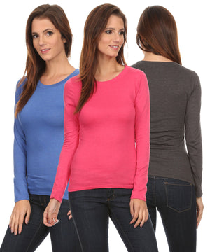 3 Pack Women's Long Sleeve Shirt Crew Neck Slim Fit: ROYAL/FUCHSIA/CHARCOAL