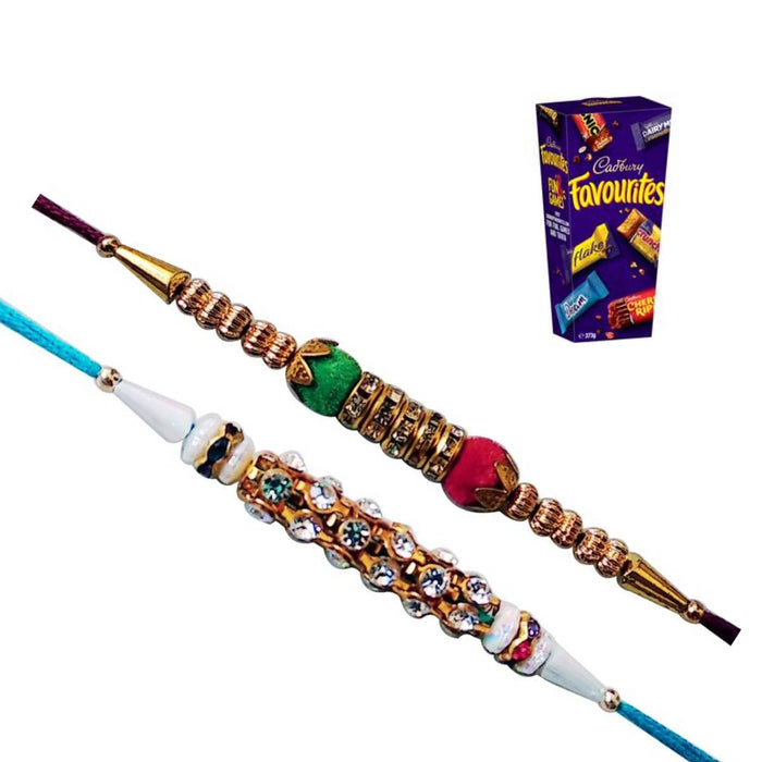 2 Rakhi - Diamond and Bead Rakhi Set With Cadbury Favourite Chocolate Box