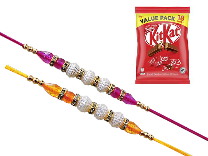 2 Colorful Rakhi Set With Kitkat Chocolate Pack - 18 Pieces