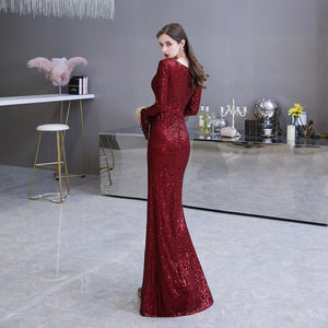 Dark Red Evening Dress Gorgeous Plunging V-Neck Illusion Sequin Pleated Long Sleeve Mermaid Formal Gown Robe De Soiree