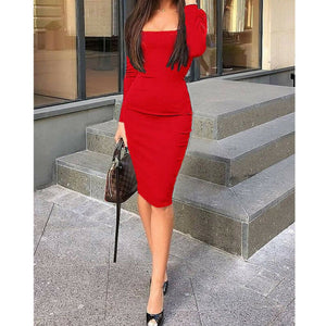 Women Elegant Party Dress Long Sleeve Solid Bodycon Mid Dress New Spring Autumn Casual Sexy Club Dresses Vestidos Black Red