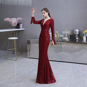 Dark Red Evening Dress Gorgeous Plunging V-Neck Illusion Sequin Pleated Long Sleeve Mermaid Formal Gown Robe De Soiree