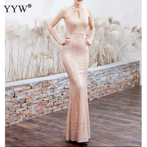 Women Sequined Party Long Dresses Halter Sleeveless Mermaid Evening Dress Ladies Solid Sexy Robes Elegant Formal Gowns
