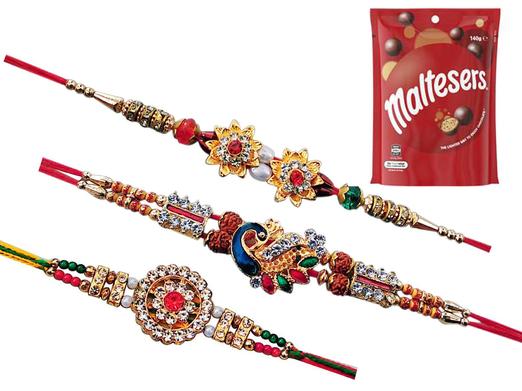 3 Rakhi - Diamoind Rakhi Set With Maltesers Chocolate Pack