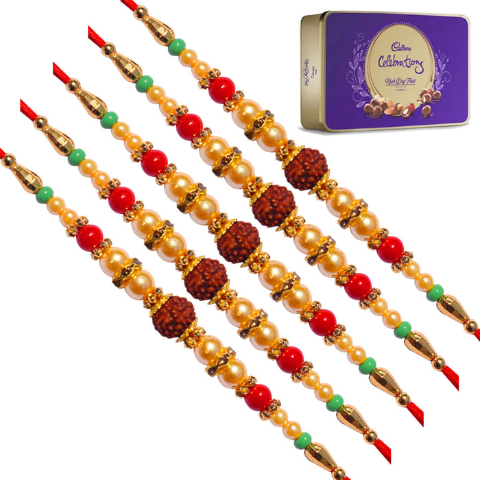 5 Rakhi - Delightful Rudraksh Rakhi With Cadbury Celebration Rich Dryfruit Chocolate Box