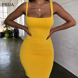 FSDA Square Neck Sleeveless Bodycon Mini Dress Basic Women Summer Black Backless Party Sexy Yellow Clubwear Dresses