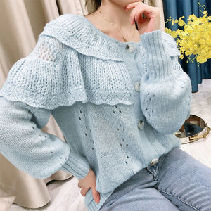 Factory Korean Version Fashion Single Button Ruffled Hollow Knit Sweater Girl Mohair Wool Blend Knitting Cardigan for Women