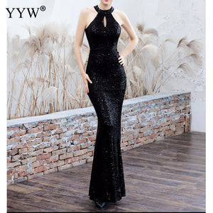 Women Sequined Party Long Dresses Halter Sleeveless Mermaid Evening Dress Ladies Solid Sexy Robes Elegant Formal Gowns