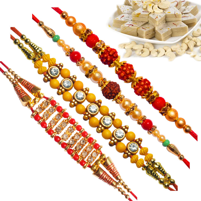 4 Rakhi - Rudraksh and AD Rakhi With Kaju Katli