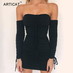 Articat Women Autumn Winter Bandage Dress Women Sexy Off Shoulder Long Sleeve Slim Elastic Bodycon Party Dresses Vestidos