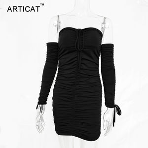 Articat Women Autumn Winter Bandage Dress Women Sexy Off Shoulder Long Sleeve Slim Elastic Bodycon Party Dresses Vestidos