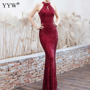 Women Sequined Party Long Dresses Halter Sleeveless Mermaid Evening Dress Ladies Solid Sexy Robes Elegant Formal Gowns