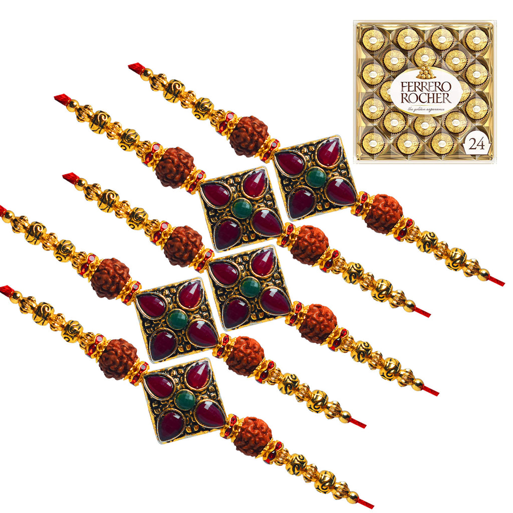 5 Rakhi - Exclusive Fancy Rakhi Set & Ferrero Rocher Chocolate Box