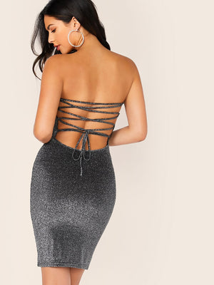 Lace Up Tie Back Glitter Bodycon Tube Dress