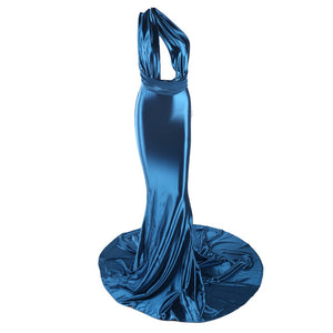 Glossy Blue Satin Evening Gown