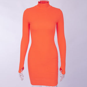 Turtleneck Long Sleeve Skinny Mini Dress Women Autumn New  Cotton Solid Elastic Dresses 4 Color Bodycon Casual Orange