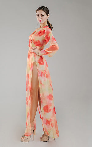 Women Dresses - Orange Chiffon Floral Maxi Dress