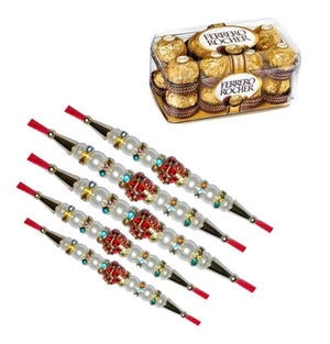 5 Rakhi - Pearl Rakhi Set With 16 Pcs Ferrero Rocher Chocolate Box