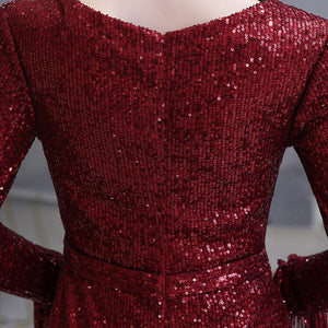 Dark Red Evening Dress Gorgeous Plunging V-Neck Illusion Sequin Pleated Long Sleeve Mermaid Formal Gown Robe De Soiree