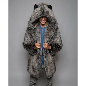 Men's Faux Fox Fur Coat Casual Plus Size Couple Hooded Thick Warm Fur Jacket Coat Cat Ear Warm Long Sleeve Jacket Overcoat