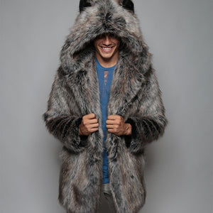 Men's Faux Fox Fur Coat Casual Plus Size Couple Hooded Thick Warm Fur Jacket Coat Cat Ear Warm Long Sleeve Jacket Overcoat