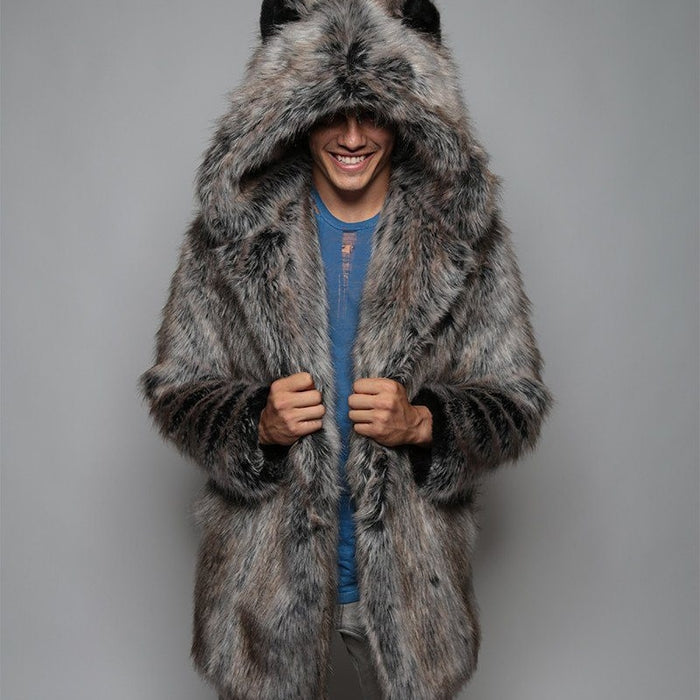 Men's Faux Fox Fur Coat Casual Plus Size Couple Hooded Thick Warm Fur Jacket Coat Cat Ear Warm Long Sleeve Jacket Overcoat