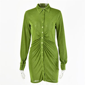 FANTOYE Pleated Turn-Down Collar Button Blouse Dress Women Sexy Long Sleeve Mini Dresses Solid Streetwear Female Shirt Vestidos