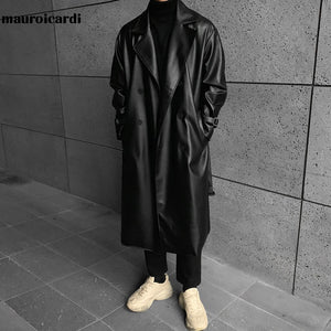 Spring Long Black Oversized Leather Trench Coat