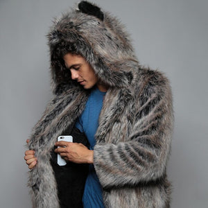 Men's Faux Fox Fur Coat Casual Plus Size Couple Hooded Thick Warm Fur Jacket Coat Cat Ear Warm Long Sleeve Jacket Overcoat