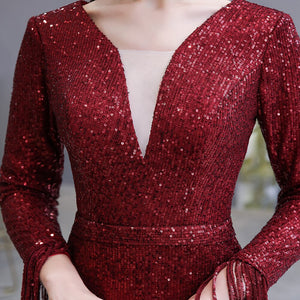 Dark Red Evening Dress Gorgeous Plunging V-Neck Illusion Sequin Pleated Long Sleeve Mermaid Formal Gown Robe De Soiree