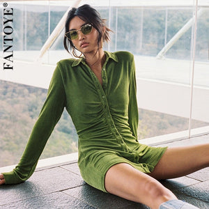 FANTOYE Pleated Turn-Down Collar Button Blouse Dress Women Sexy Long Sleeve Mini Dresses Solid Streetwear Female Shirt Vestidos