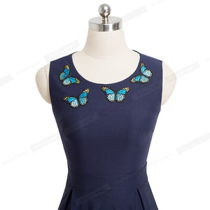 Elegant Embroidery Butterfly Sleeveless Vestidos Pure Color A-Line Business Party Women Flare Dress