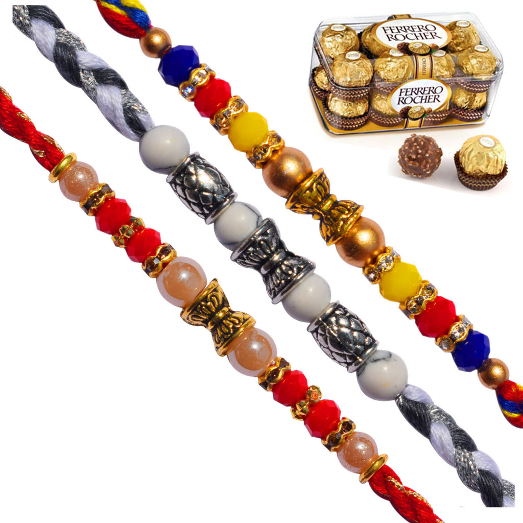 3 Rakhi - AD Pearls and Beads Rakhis With Ferrero Rocher Chocolate Or Kaju Katli