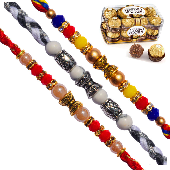 3 Rakhi - AD Pearls and Beads Rakhis With Ferrero Rocher Chocolate Or Kaju Katli