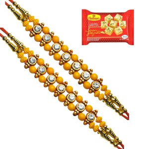 2 Rakhi - American Diamonds Handcrafted Rakhis With Soan Papdi