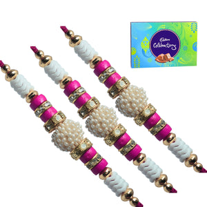 3 Rakhi - American Diamonds and Pearls Rakhis With Cadbury Celebration Chocolate