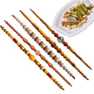 5 Rakhi - Beautiful Pearls Rudraksh and Beads Rakhi With Kaju Pista Pan