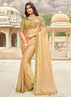 Beige Fancy Silk Party Wear Embroidery Work Saree