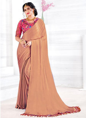 Beige Georgette Satin Party Wear Plain Saree