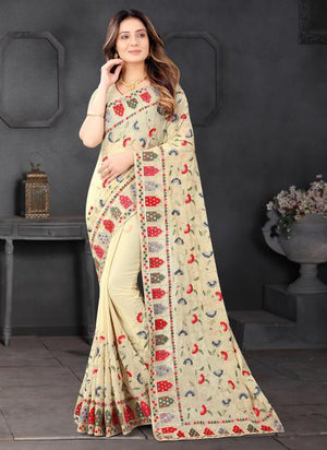 Beige Georgette Wedding Wear Resham Work Saree