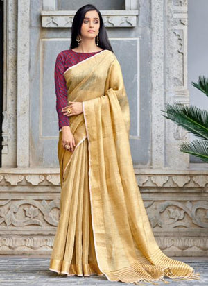 Beige Linen Tissue Party Wear Weaving Saree