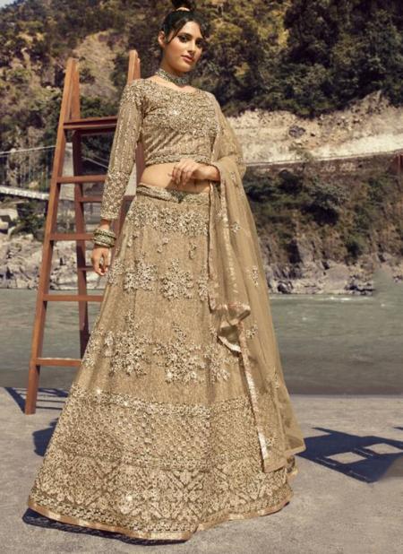 Beige Net Bridal Wear Embroidery Work Lehenga Choli